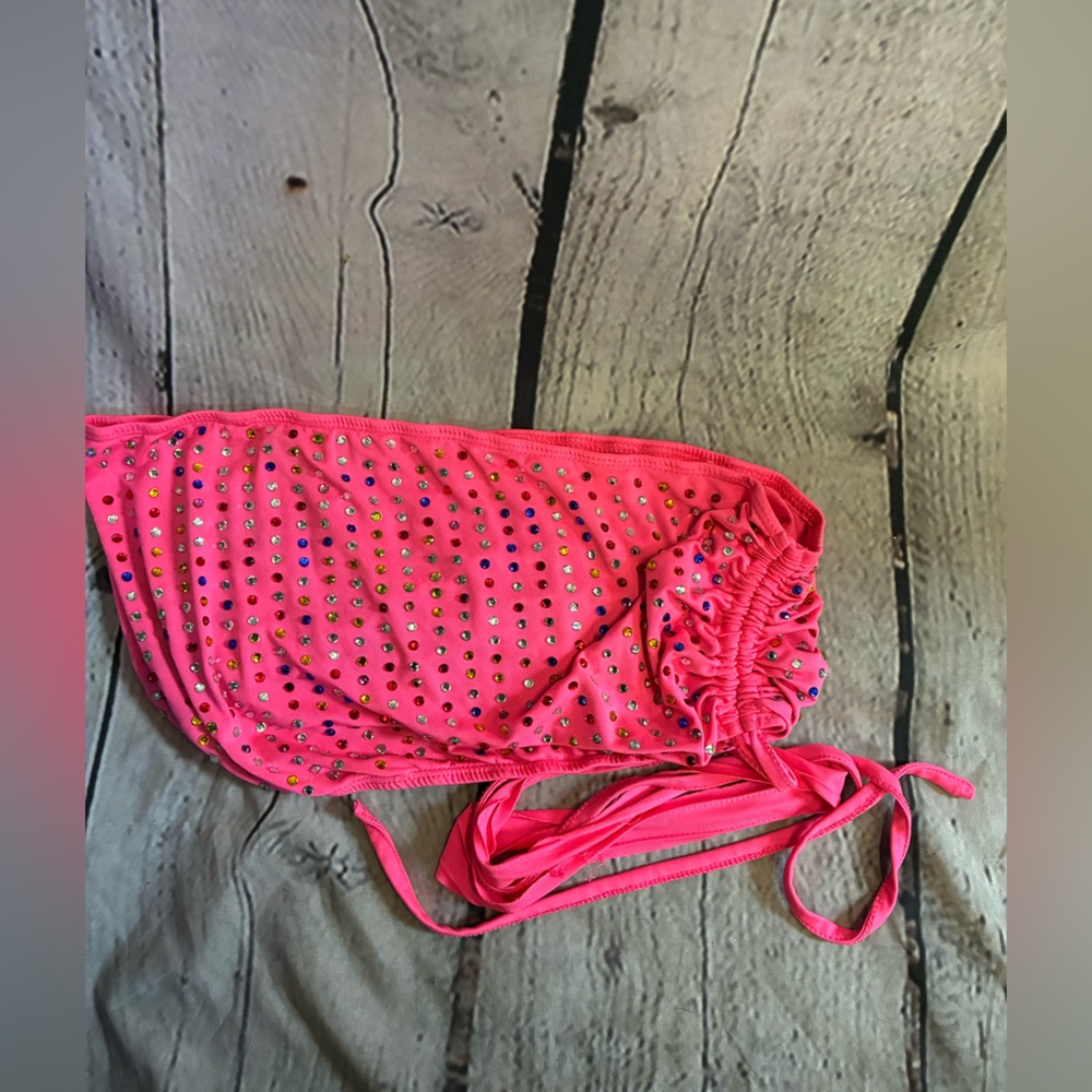 Banjul Hot Barbie Pink Multi Rhinestone Fringe Coachella Festival Tube Top Sz M